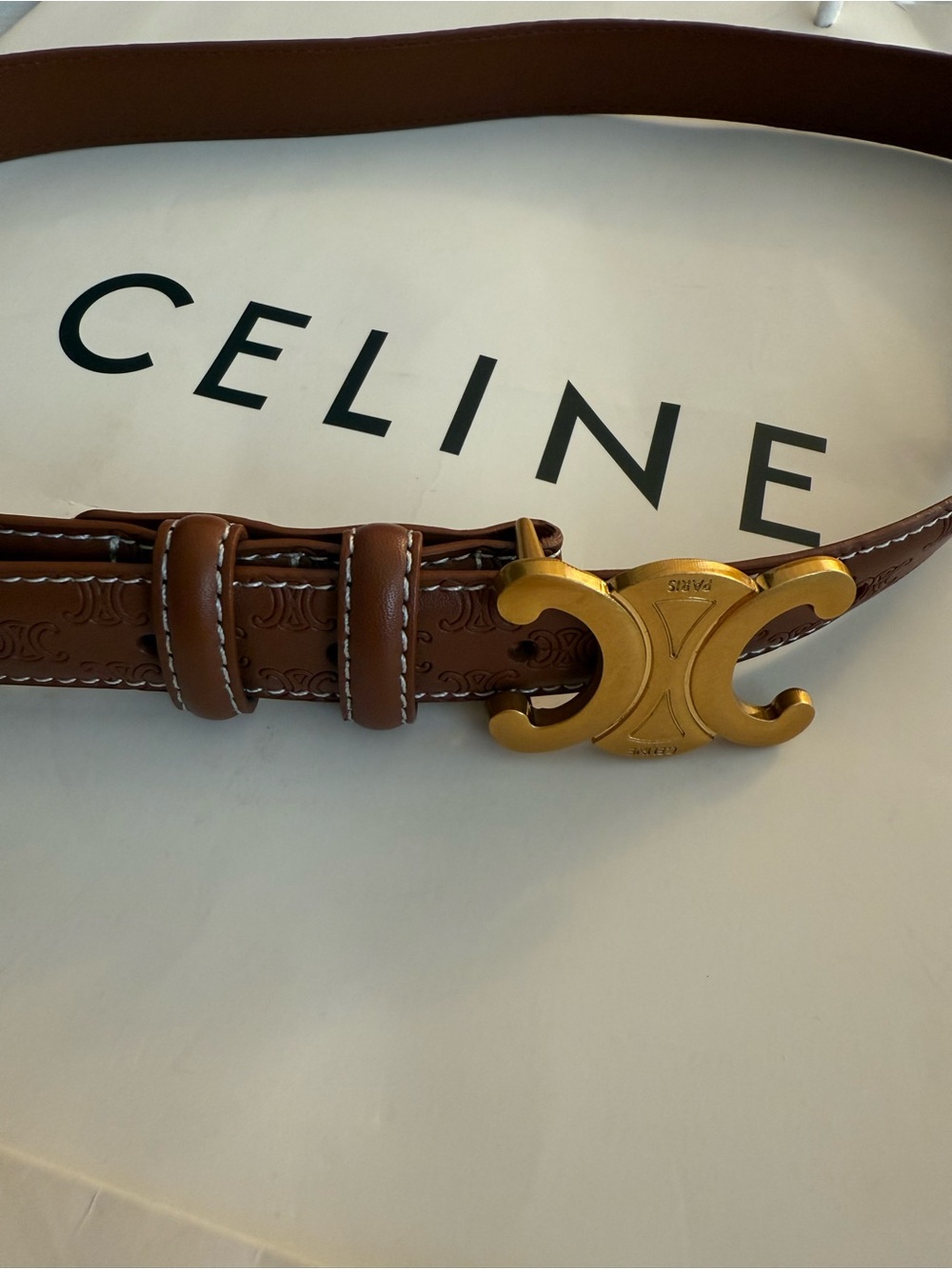 Celine Tan Leather Belt with Gold Triomphe Buckle